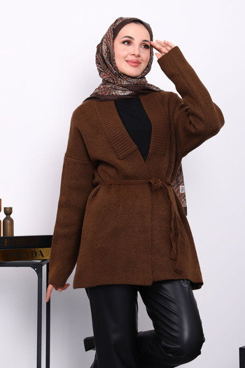 İmajButik Brown Waist Belted Pocketed Knit Cardigan