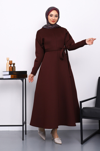 İmajButik Plum Waist Belted Scuba Dress