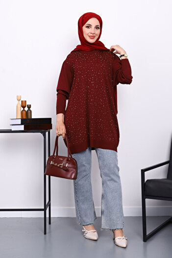 İmajButik Burgundy Crew Neck Stone Embroidered Mercerized Knitwear Tunic