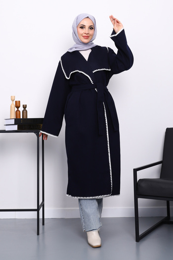 İmajButik Navy Blue Shepherd Stitched Shawl Collar Cashmere Coat