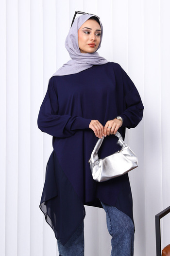 İmajButik Navy Blue Crew Neck Tulle Detailed Tunic