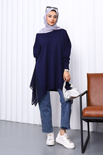 İmajButik Navy Blue Crew Neck Tulle Detailed Tunic
