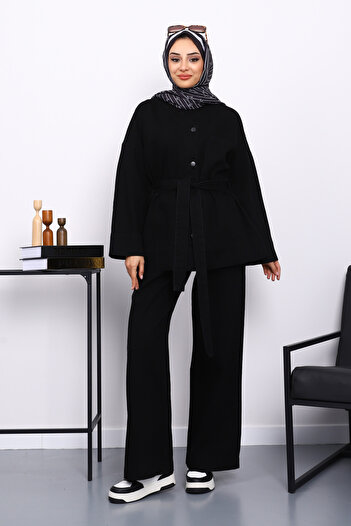 İmajButik Black Belted Jacket with Trousers and Jeans