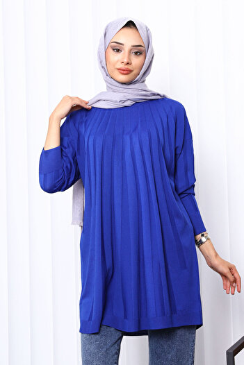İmajButik Saks Blue Crew Neck Mercerized Knitwear Tunic