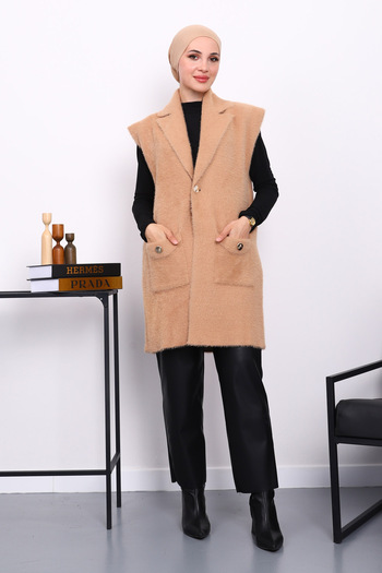 İmajButik Long Angora Soft Vest with Biscuit Pocket
