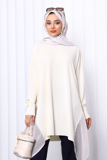 İmajButik Stone Crew Neck Tulle Detailed Tunic