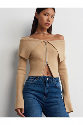 Dilvin 60252 Bardot Collar Zippered Knitwear Cardigan-Beige