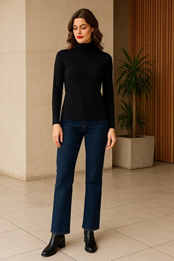 xeox Women's Black Long Sleeve Half High Neck Basic Blouse – Suitable for Casual and Office Outfits