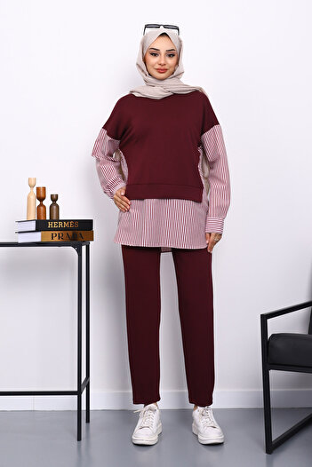 İmajButik Plum Shirt Garnished Modal Tunic Trouser Set