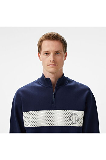 Lacoste Men's Loose Fit Half Zipper Printed Navy Blue Sweatshirt