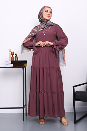 İmajButik Dusty Rose Skirt Layered Sleeve Tie-Up Chiffon Dress