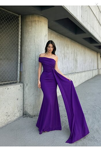 LACASE One Shoulder Tail Detail Design Purple Color Evening Dress 684