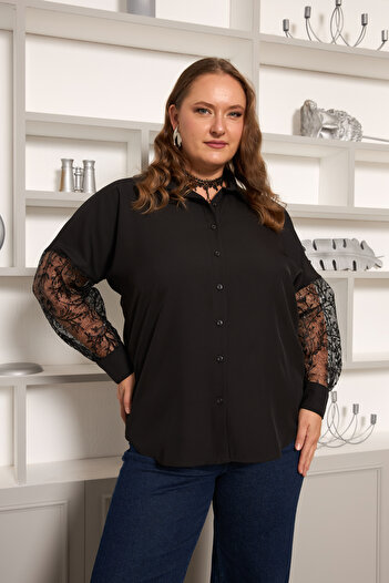 RMG Black Plus Size Shirt with Lace Sleeve Detail