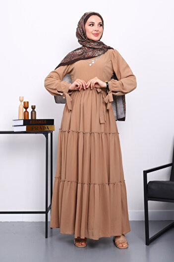 İmajButik Biscuit Skirt Layered Sleeve Tie-Up Chiffon Dress