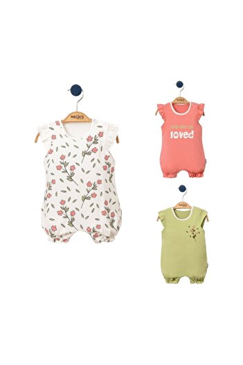 Miniworld Set 3 salopete de vara fetite din bumbac, motive florale, varsta 0-3 luni, 62 cm, Multicolor