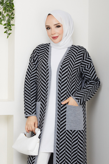Pamuk Butik Women's Zebra Patterned Steel Mesh Pocket Knitwear Cardigan