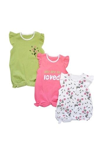 Miniworld Set 3 salopete de vara fetite din bumbac, motive florale, varsta 0-3 luni, 62 cm, Multicolor