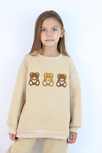 Harika KIDS Σετ κοριτσίστικο 3 τεμαχίων με κέντημα αρκουδάκι με 3 κλωστές Oversize σε χρώμα λουλουδάτο