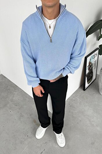 HAFKAGİYİM Baby Blue Half-Zip High Neck Knit Sweater