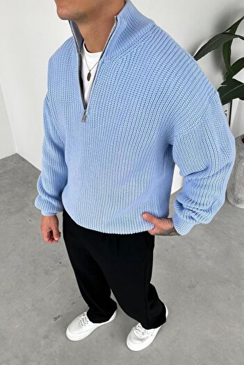 HAFKAGİYİM Baby Blue Half-Zip High Neck Knit Sweater