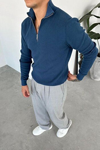 HAFKAGİYİM Indigo Basic Ribbed Half-Zip Relaxed Sweater