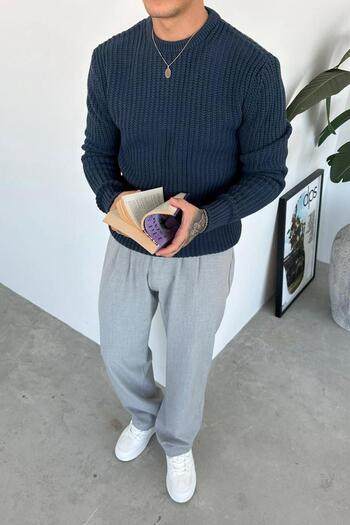HAFKAGİYİM Indigo Crew Neck Oversize Knit Sweater