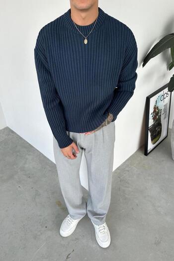 HAFKAGİYİM Indigo Crew Neck Ribbed Oversize Knit Sweater