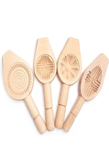 Bundeba 4-Piece Wooden Cookie Mold for Baking, Carving Mold, Kerebiç Pastry Mold, Models According to Stock