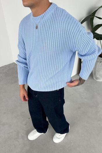 HAFKAGİYİM Baby Blue Crew Neck Ribbed Oversize Knit Sweater