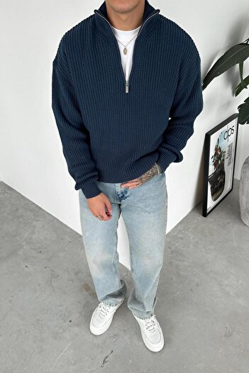 HAFKAGİYİM Petrol Half-Zip High Neck Knit Sweater
