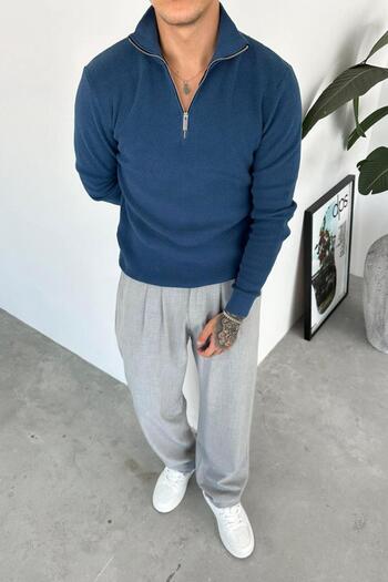 HAFKAGİYİM Indigo Basic Ribbed Half-Zip Relaxed Sweater