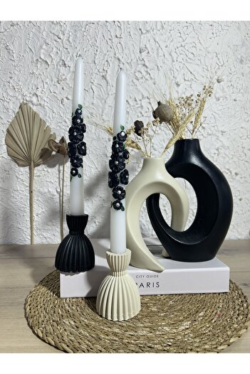 Zigzag Home Decorative 4 Piece Ivy Lover Vase and Damask Candle Holder Set Figurine Set Black Beige Color