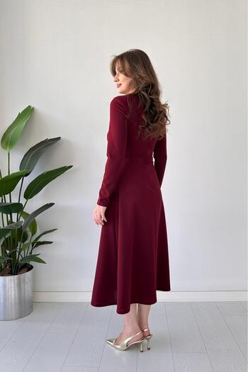 MaziButik Star Buckled Long Sleeve Dress Burgundy