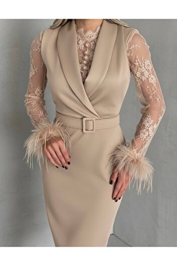 asyadabutik Women's Double Breasted Neckline Lace Detailed Cuff Openwork Promise - Engagement - Wedding Dress