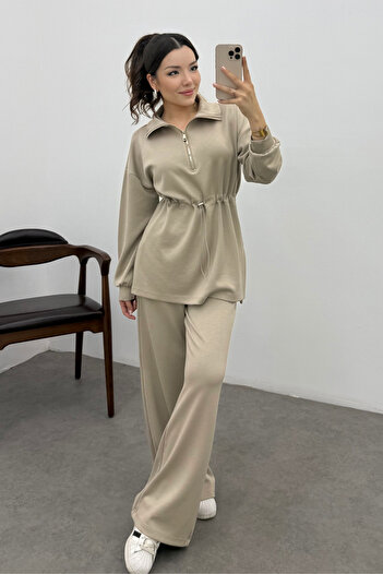 Bipantolon Women's Cream Elastic Waist Zippered Modal Sweat Suit