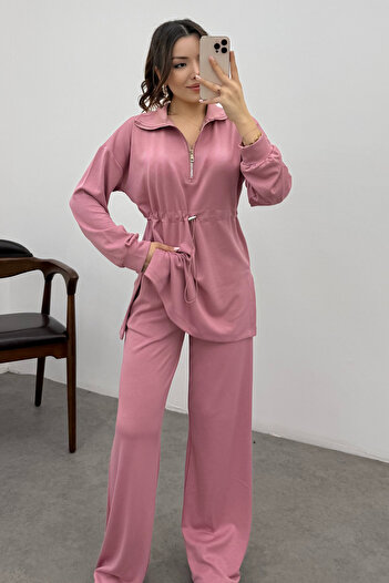 Bipantolon Women's Pink Elastic Waist Zippered Modal Sweat Suit
