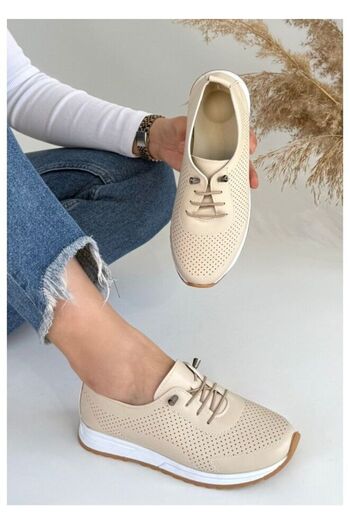 FRESCO SCARFS Beige Leather Lace-Up Sports Shoes 261010