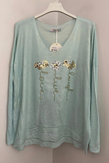 AYASOFYA OTANTIK Women's Italian Water Green V-Neck Front Side Gilding Ribbon Flower Sequin Patterned Loose Long Sleeve Blouse