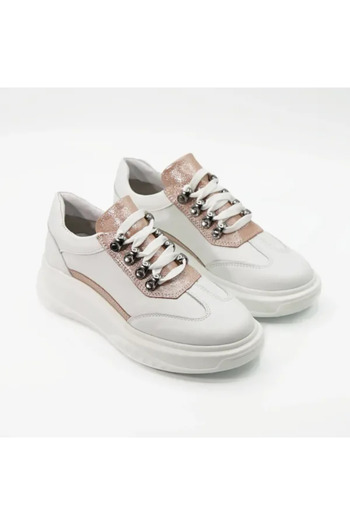 Piello Women's sneakers with pink details, High sole, Total comfort, Natural leather, White