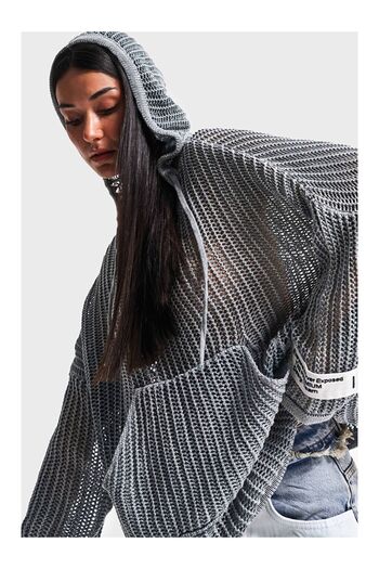 LC Waikiki Women's Anthracite Color Loose Cut Thin Hole Openwork Hooded Design Knitwear