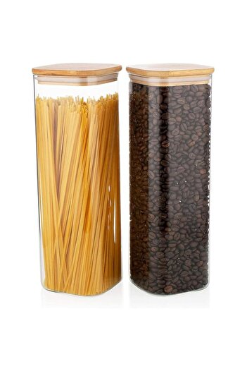 Generic 1CHASE Square Glass Storage Jar with Air tight Bamboo Lid, Borosilicate Kitchen Food Storage Contain