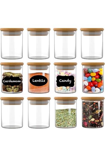 Generic Valuxe 12 PCS Glass Jars with Bamboo Lids (9OZ) | Mini Clear Glass Airtight Spice Jars | Food Storag