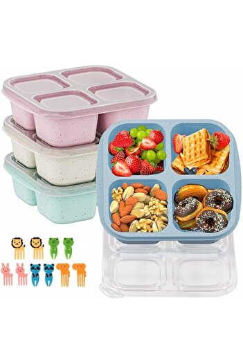 Generic CIGENBON Bento Snack Boxes 4 Pack, Reusable Bento Boxes Kids with 4 Compartments & Fork, Lunch Snack