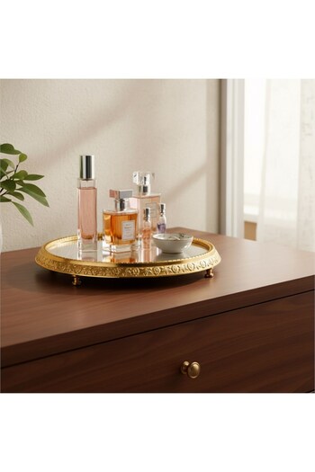 Hinora Cast Iron Mirrored Round Stylish Jardiner Bathroom Tray Perfume Holder 27X27X3Cm