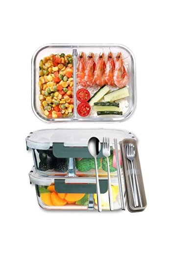 genric 2 PCS Bento Glass lunch box 1000 ml with Cutlery set, 2 Compartments, Bento Lunch Box, Meal Prep Con
