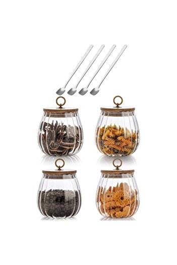 genric 1CHASE Borosilicate Glass Storage Jar With Airtight Bamboo Lid and Metal Handle/Spoons 700ML (Set Of