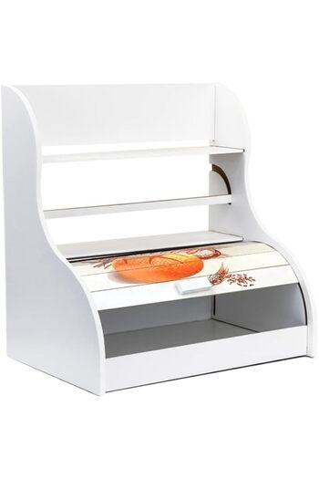 genric Anka white wooden bread box with towel holder | bread box container with roll-top lid | wooden kitch
