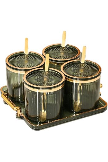 genric YHRY 4 Pcs Acrylic Condiment Spice Jars, Condiment Spice Box with Lids and Spoons and Tray, Clear Pl