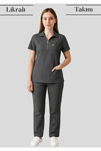 Simirna Üniforma Polo Neck Zipper Premium Fabric Lycra Surgical Doctor Nurse Scrubs Suit Uniform