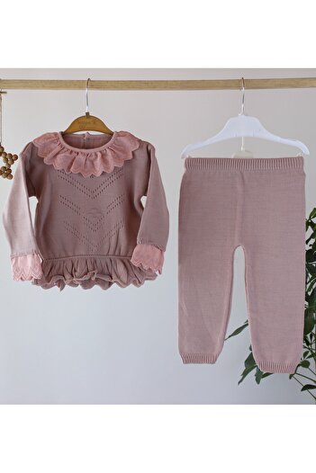 genybaby Baby Girl Lace Detailed Knitwear Set |   Long Sleeve Knit Top and Bottom